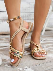 WRCVS Sandalias de mujer en beige, sandalias de diseño plano tejido, sandalias de verano ligeras antideslizantes con diseño bohemio de cuentas al azar para uso en exteriores