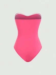 SHEIN Unity Ladies Hollow Out Pleated Bandeau Bodysuit - Pink - View 2