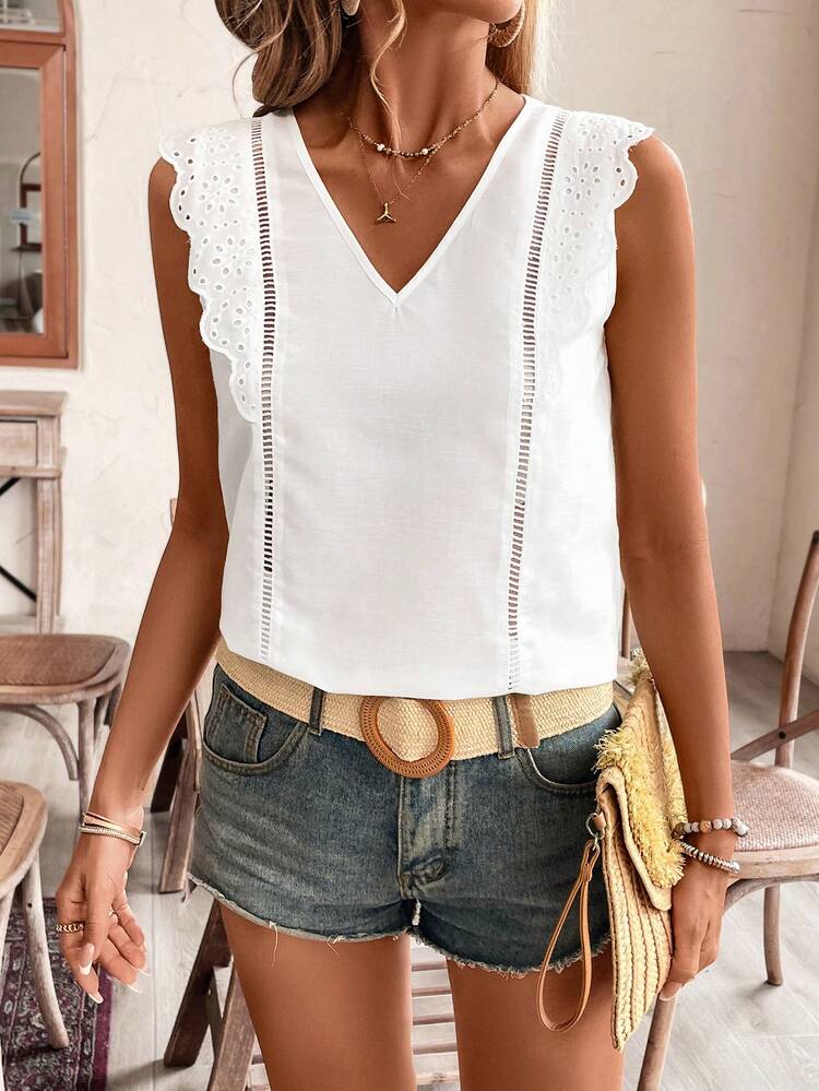 Women Solid Color Hollow Out Embroidery Splicing Sleeveless Shirt Summer, Butterfly Sleeve, Eyelet Embroidery White Casual