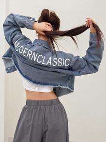 Dazy Designer Women Loose Fit Denim Jacket With Letter Print - Light Wash - View 5