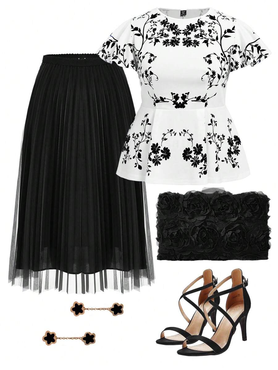 SHEIN Clasi 大尺碼夏季休閒花卉印花T恤，帶有荷葉邊緣 - 黑與白 - 查看 1