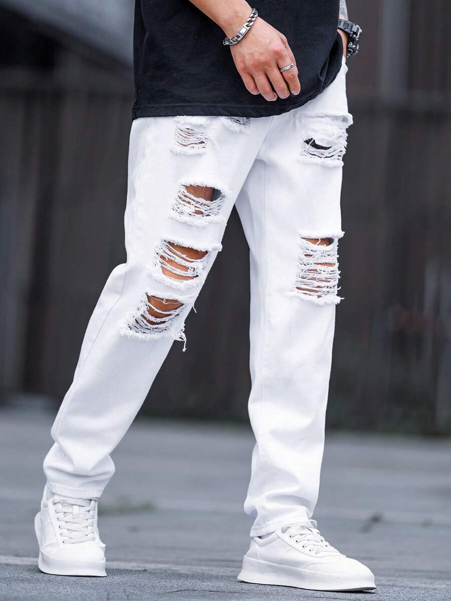 Manfinity EMRG Men White Distressed Skinny Jeans - White - View 1