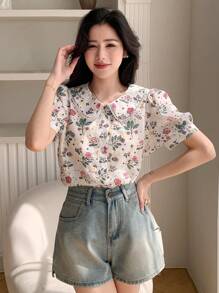 DAZY 夏季休闲植物印花婴儿彼得潘领泡泡袖短袖衬衫、短袖上衣 - 米色 - 查看 6