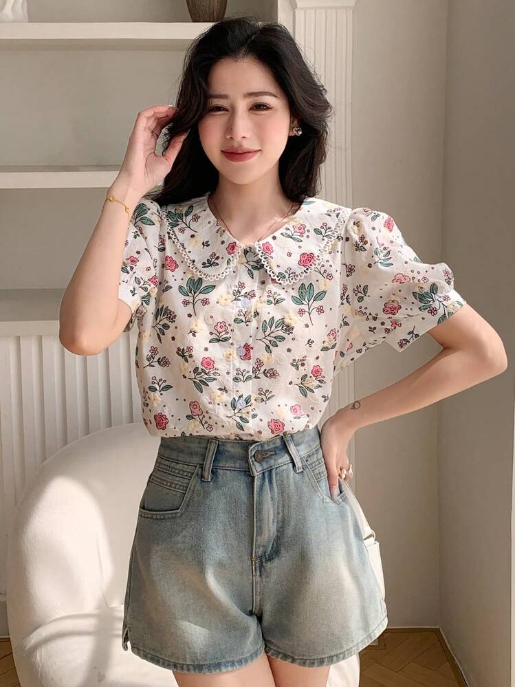 DAZY Summer Casual Plant Print Baby Peter Pan Collar Puff Sleeve