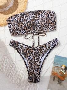 SHEIN Swim Ladies Summer Beach Vacation Style Bikini Set, Leopard Print And Random Print - Multicolor - View 1