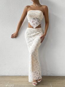 Chiquease Two-Piece Set For Women Summer: Asymmetrical Lace Strapless Top And Fish Tail Skirt