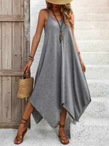 Breezaya Váy cami ống rộng viền bất đối xứng cho nữ có túi xéo cho mùa hè - Xám - Xem 5