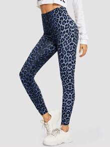 SHEIN Essnce Leopard Print High Waist Stretchy Long Leggings - Blue - View 3