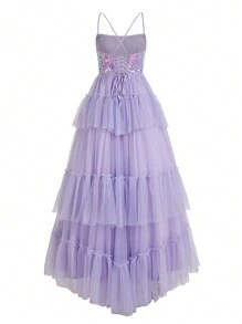 SHEIN Belle Vestido De Noche Morado Elegante, Romántico Y Soñador, Hecho Con Tul De Múltiples Capas Y Correa De Espagueti, Con Un Efecto Brillante De Pastel - Morado - Ver 4