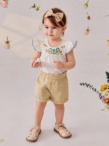 SHEIN Ensemble bébé fille d'été comprenant un Top à manches courtes avec fleurs brodées et un short unicolore simple, avec un serre-tête - Multicolore - Voir 3