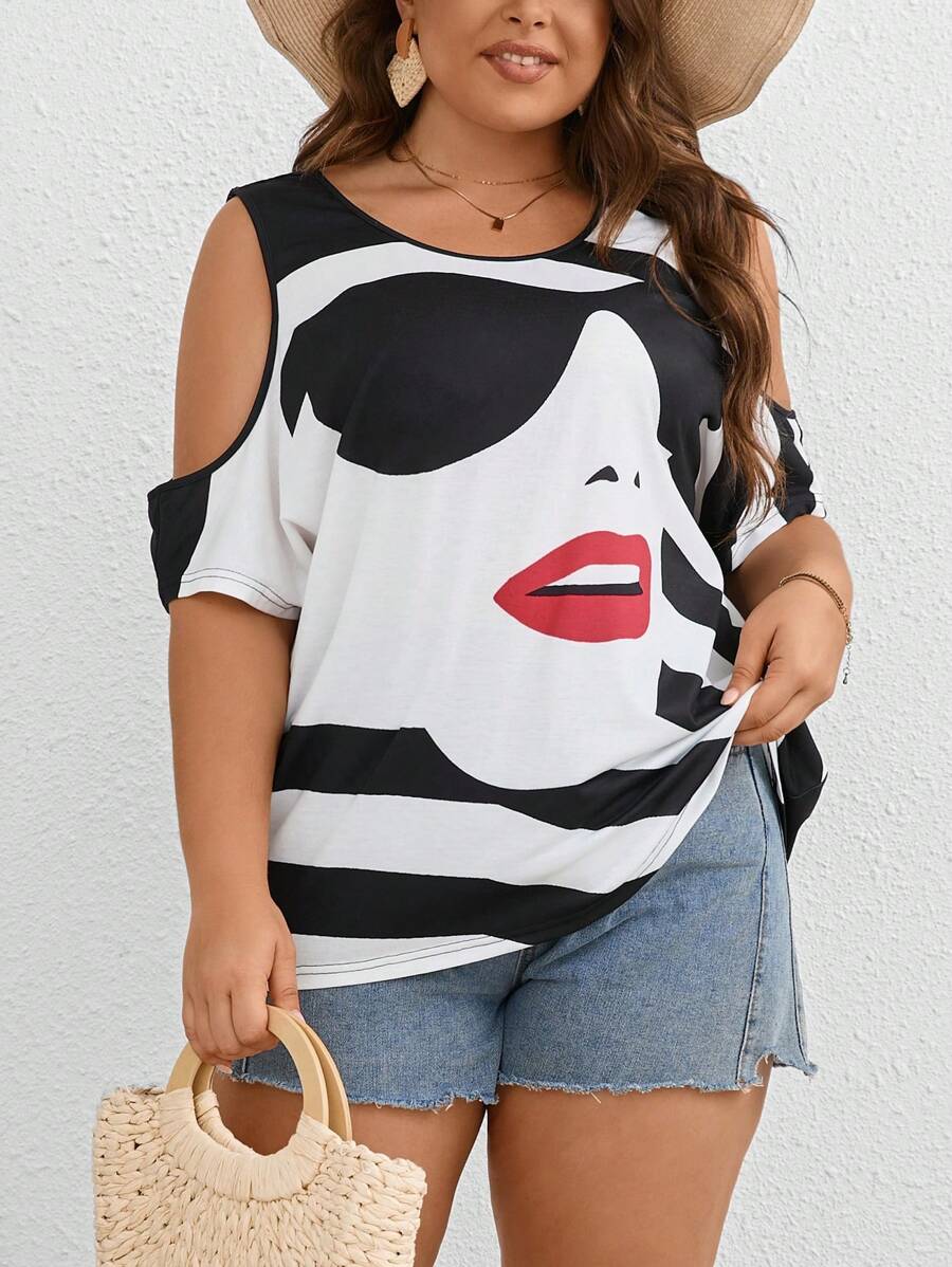 SHEIN LUNE Áo thun mùa hè tay lỡ họa tiết đầu hình học cỡ lớn - Đen và trắng - Xem 1