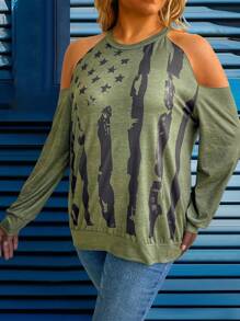 SHEIN LUNE Plus Size American Flag Printed Cold-Shoulder Halter Casual Sweatshirt Pullover Fall - Army Green - View 3