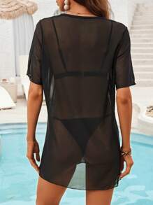 Swim Vcay Vestido traslúcido de manga corta con cuello redondo para mujer para piscina o centro turístico de playa de verano