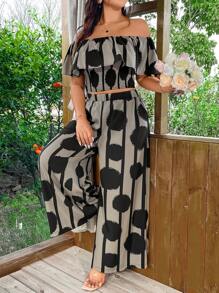 SHEIN Holidaya Plus Size Nữ Họa Tiết Chấm Bi Trễ Vai Và Quần Ống Rộng Xuân/Hè Hai Món - Nhiều màu - Xem 4