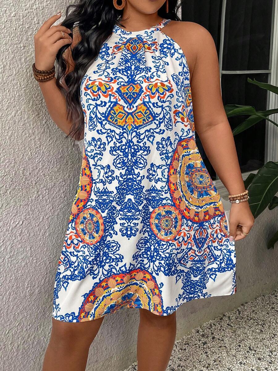 SHEIN VCAY Plus Size Vintage Holiday Printed Halter Neck Tie Back Dress - Multicolor - View 1