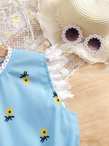 Maglietta senza maniche estiva per ragazze Tween con pizzo , fiori e patchwork