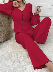 Women Casual V-Neck Contrast Color Rolled Edge Top And Pajama Set - Red - View 6