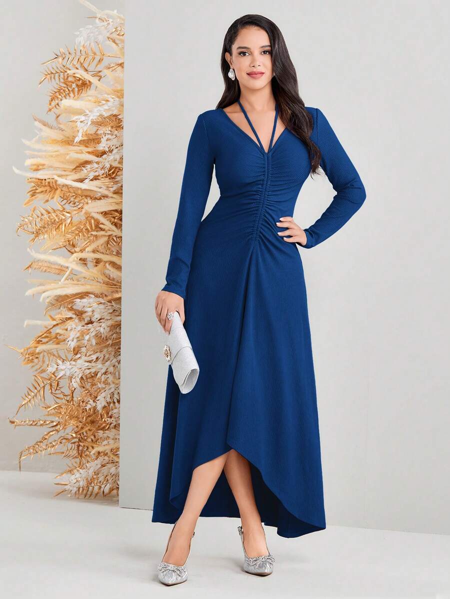 Modelyn Women Solid Color Drawstring Pleated Halter Neck Dress Long Evening Dresses - Royal Blue - View 1