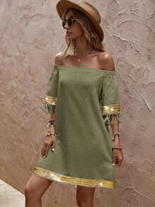 EMERY ROSE Letni casual Bez ramion Luźny krój Sukienki , Z Cekin , Frędzle I Grzywka Dekoracje