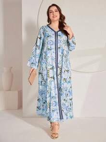 Al Najma Kích thước lớn Hoa In Cổ chữ V Lỏng lẻo Đầm - Màu xanh lam - Xem 4