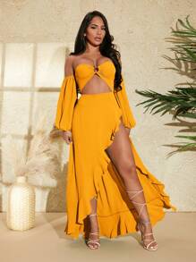 SHEIN SXY Women's Off Shoulder Lantefall Rn Sleeve Dress With Cut-Out Waist And Asymmetric Hem - Ginger - View 4