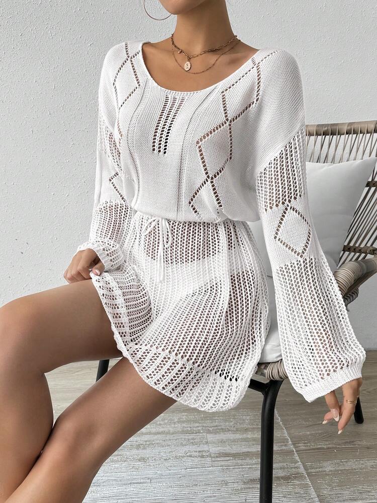 Women Hollow Out Knit Drawstring Waist Cover-Up For Vacation Summer