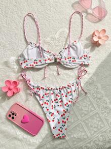 Swim Mod Summer Beach Vacation Cherry Print Underwire Spaghetti Strap Bikini Set - Multicolor - View 2