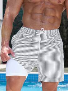 Manfinity Swimmode Pantalones cortos de baño para hombres con rayas verticales y cordón ajustable, verano - Multicolor - Ver 3