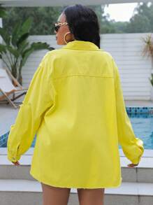 SHEIN SXY 女士加大碼破洞牛仔黃布夾克 - 黃色 - 查看 3