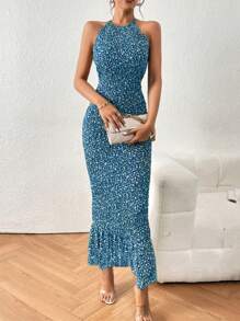 Chiquease Kobiety Wakacje Styl Wzór w kwiaty Długi Szczupły Trykotowa sukienka - Granatowy - Zobacz 3