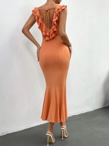 SHEIN Privé 女士派對純色荷葉邊修身高腰長裙，萊恩風格。適合浪漫之旅，適合度假、音樂節、母親節、結婚週年紀念日、復活節、教師節 - 橘色 - 查看 7