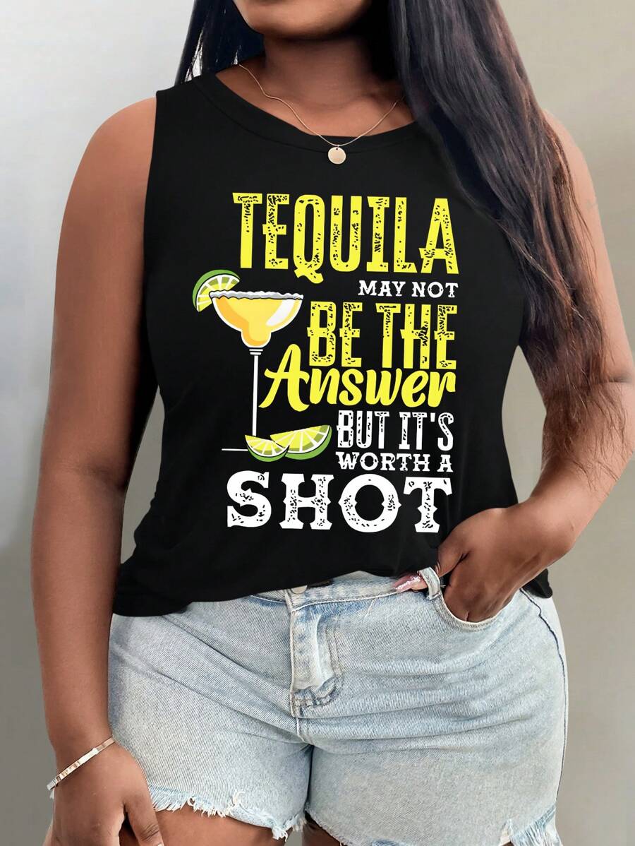 Calvaya 大码女式夏季时尚口号图案无袖背心 - 黑色 - 查看 1