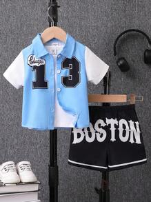 Baby Boy's Color Block Digital Letter Print Short Sleeve Shirt And Shorts Woven Set