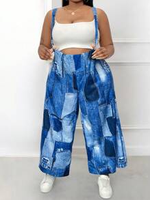 Flirla Plus Size Spliced Denim Effect Long Jumpsuit With Shoulder Straps - Multicolor - View 4