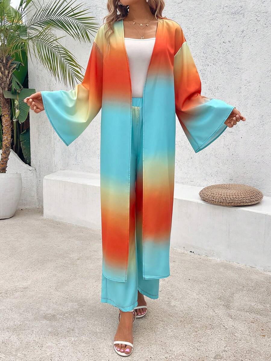 SHEIN VCAY 女士渐变度假长喇叭袖外套和长裤两件套 - 彩色 - 查看 1