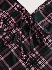 Muchica 黑色與粉色的方格紗眼蕾絲綁帶背心，適合夏季 - 粉色 - 查看 4