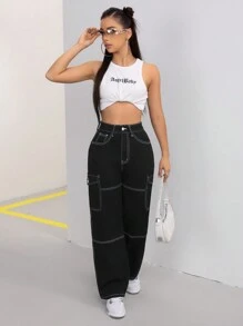 SHEIN PETITE Color Block Stitching Loose Fit Straight-Leg Jeans For Casual Work Wear - Black - View 3
