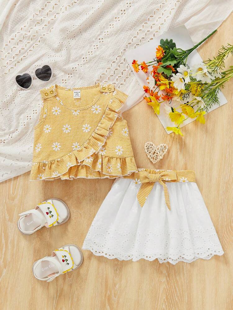 Baby Girl Vacation Flower, Plaid Pattern Ruffle Hem Sleeveless Top And Shorts Set
