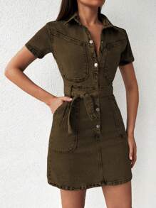 EURMUSE Belted Denim Dress - Khaki - View 4