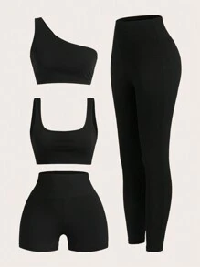 SHEIN EZwear Màu thuần Đàn hồi Một  vai Áo , Áo vest , Quần short & Xà cạp Thể thao Bộ đồ - màu đen - Xem 4