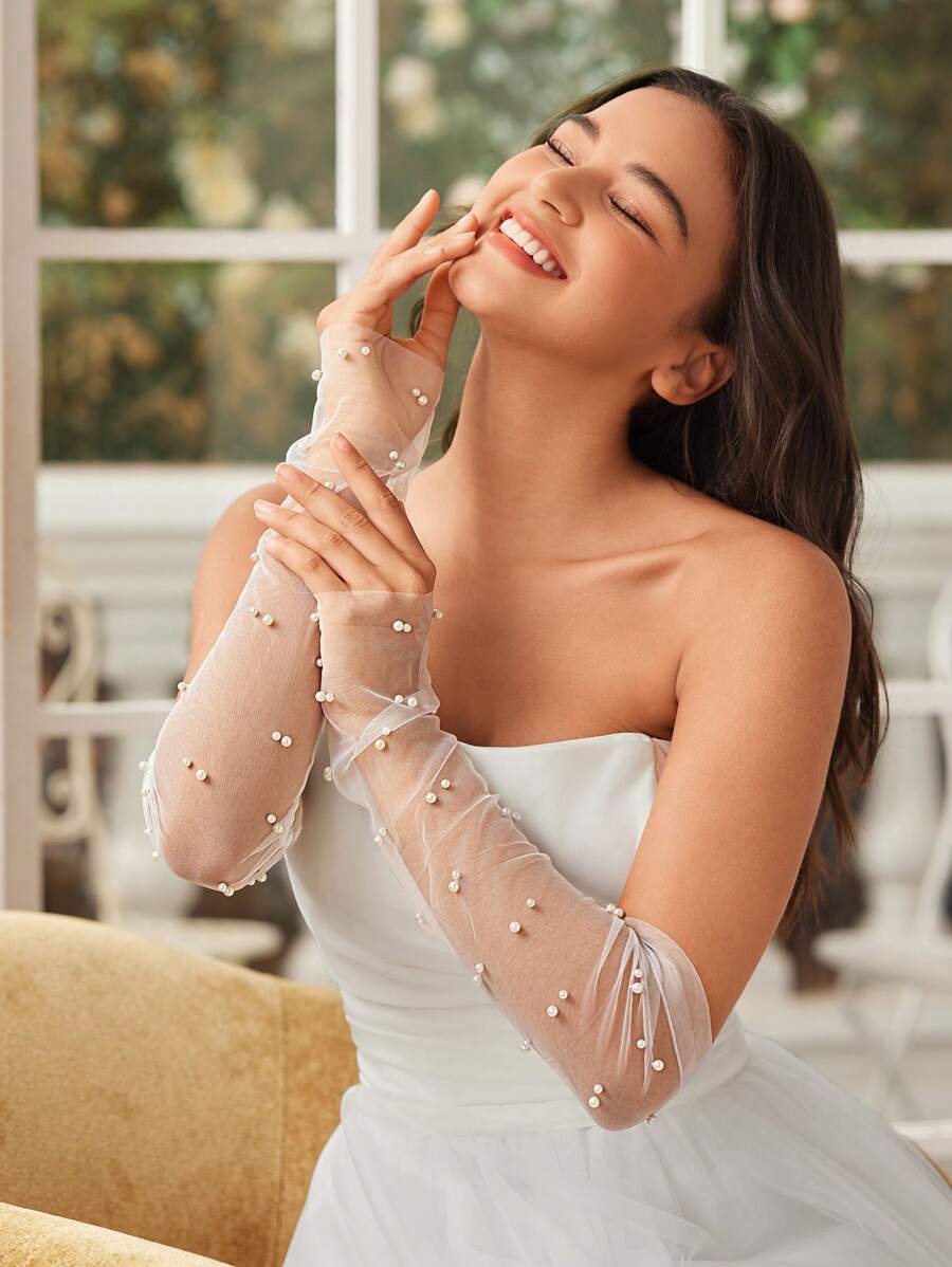 SHEIN Belle 1pair Elegant And Luxurious Pearl/Shell Arm Cuff For Women, Suitable For Wedding - Beige - View 1