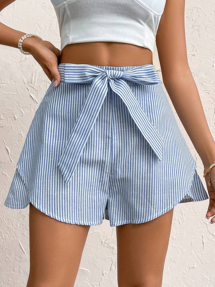 Striped A-Hem Ruffle Hem Shorts