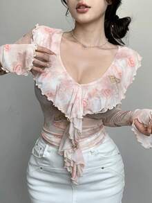 DAZY 花卉網紗透視褶邊修身長袖女上衣 - 粉色 - 查看 3
