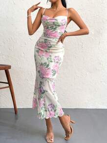 SHEIN Privé Women Elegant Mesh Floral Printed Slim Fit Draped Neck Ruched Mermaid Hem Cami Sundress For Holiday