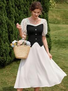 GENKIRA Polka Dot Chiffon Patchwork Cinched Waist Faux Pearl Button Puff Sleeve Short Sleeve Blouse - Multicolor - View 1