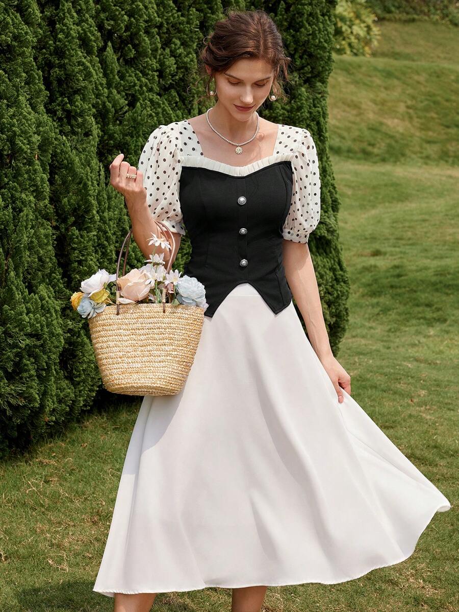 GENKIRA Polka Dot Chiffon Patchwork Cinched Waist Faux Pearl Button Puff Sleeve Short Sleeve Blouse - Multicolor - View 1