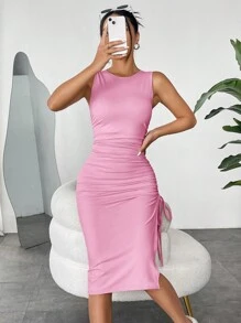 SHEIN EZwear Dệt kim Không tay NỮ Xếp li Bên Viền mép Vòng cổ Váy bodycon - Hồng - Xem 4