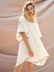 Bohemela Women Asymmetric Hem Vacation Dress With Contrast Color Butterfly Sleeves - Apricot - View 6