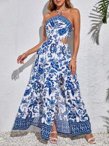 SHEIN Tall Floral Print Backless High Side Slit Waist Cutout Halter Long Summer Beach Vacation Dress,Pastel Dresses For Women