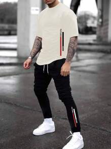 Manfinity Homme Nam Khối Màu In Chữ Cổ Tròn Tay Ngắn Và Quần Bó Sát Mùa Hè Thường Ngày 2 Bộ - Nhiều màu - Xem 1
